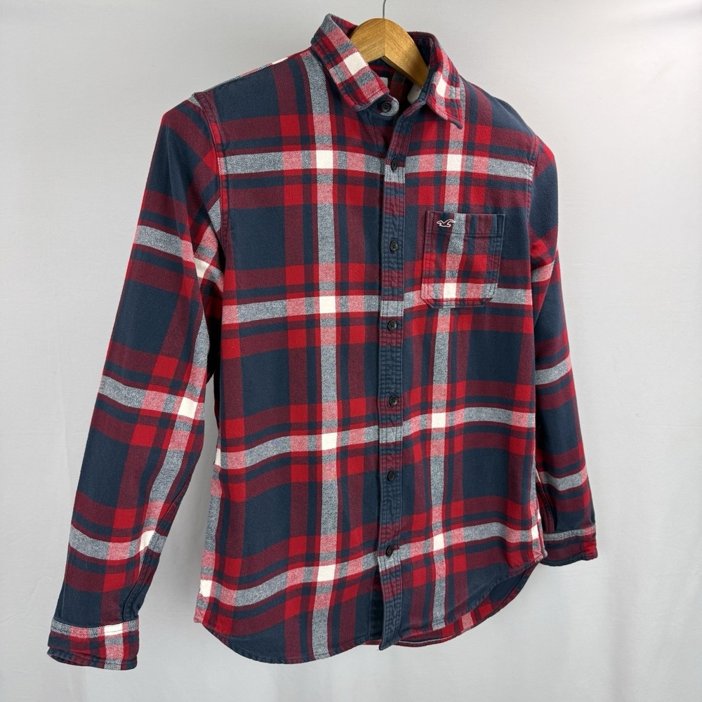 Hollister Flannel Button-Up Shirt Mens Medium Navy Red Plaid Cotton Workwear LS